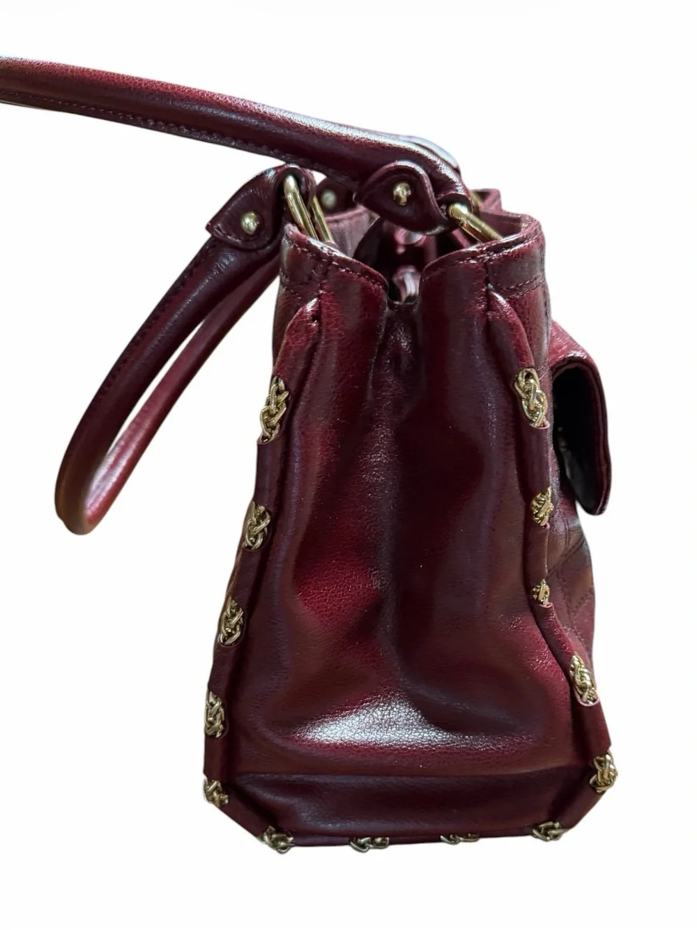 Antonio Melani Burgundy Leather Satchel Purse Gold Hardware Quilted Shoulder Bag